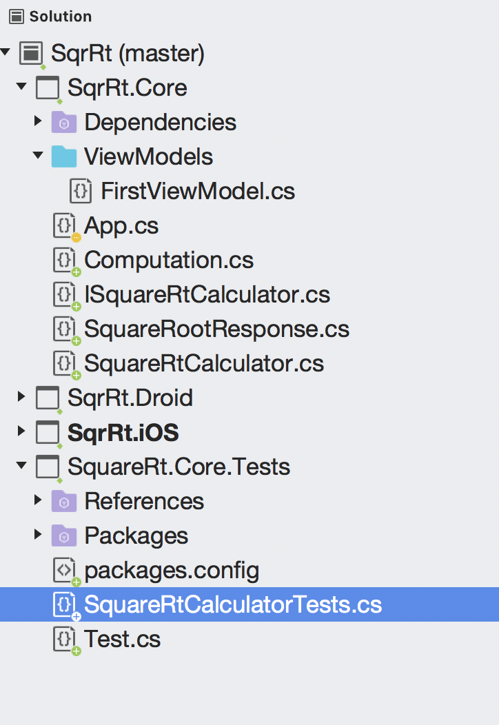 Screenshot of the Sqrt Solution from Xamarin in Action as of the end of Chapter 7