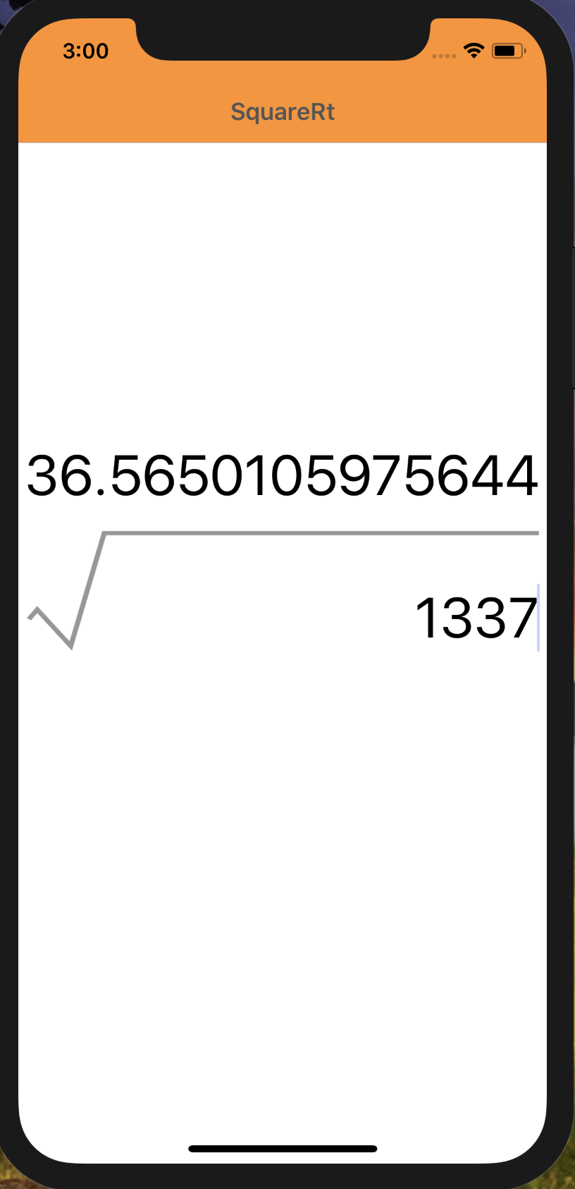 Screenshot of the Sqrt app at the end of Xamarin in Action Chapter 11