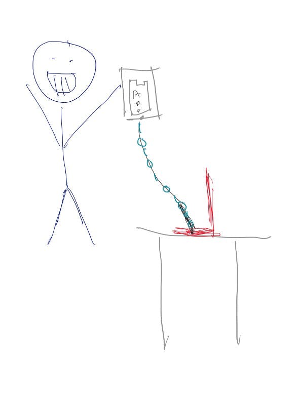 Stick drawing of someone looking happy holding a phone connected to a laptop