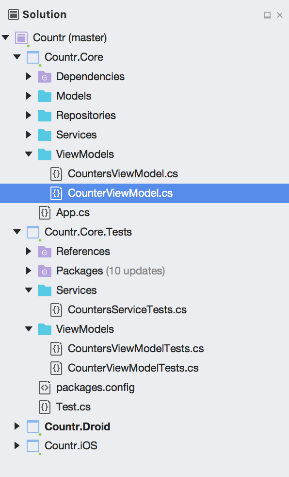Screenshot of the Countr Solution at the end of Xamarin in Action Chapter 8